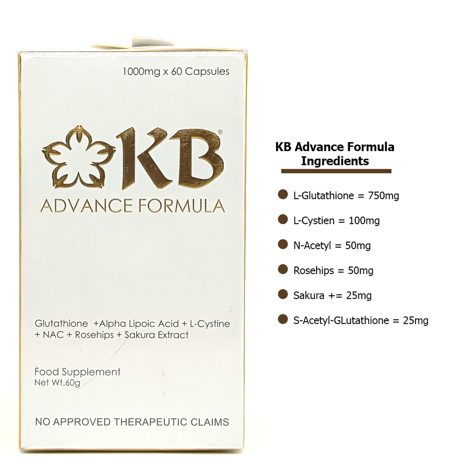 kb glutathione KB Advance Formula Glutathione + Alpha Lipoic Acid + L-Cystine + NAC +  Rosehips+ Sakura Extract 1000mg x 60 Capsules - Lazada