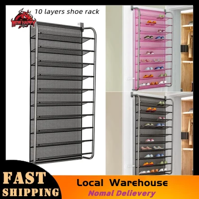[Ready Stock] 1Pcs 56x21x151cm 36 Pair Over Door Hanging Shoe Rack 10 Tier Shoes Organizer Wall Mounted Shoe Hanging Shelf Black/Pink