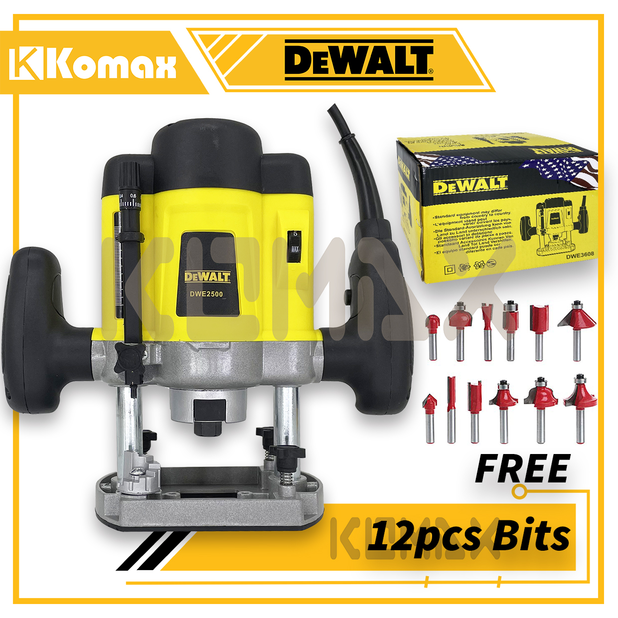 KOMAX DeWALT DEW2500 1200W 8/6mm Electric Palm wood Router Free 12pcs 1
