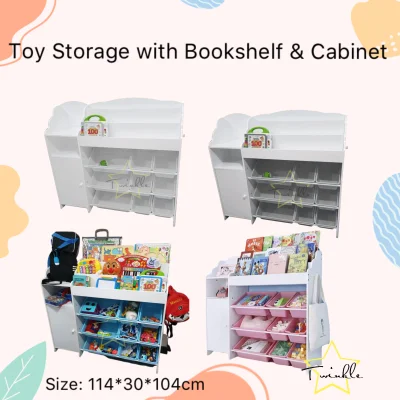 TwinklePH 3 Layers wooden Toy Storage Cabinet Organizer with 3 Layers Bookshelves and 9 Toy Bin