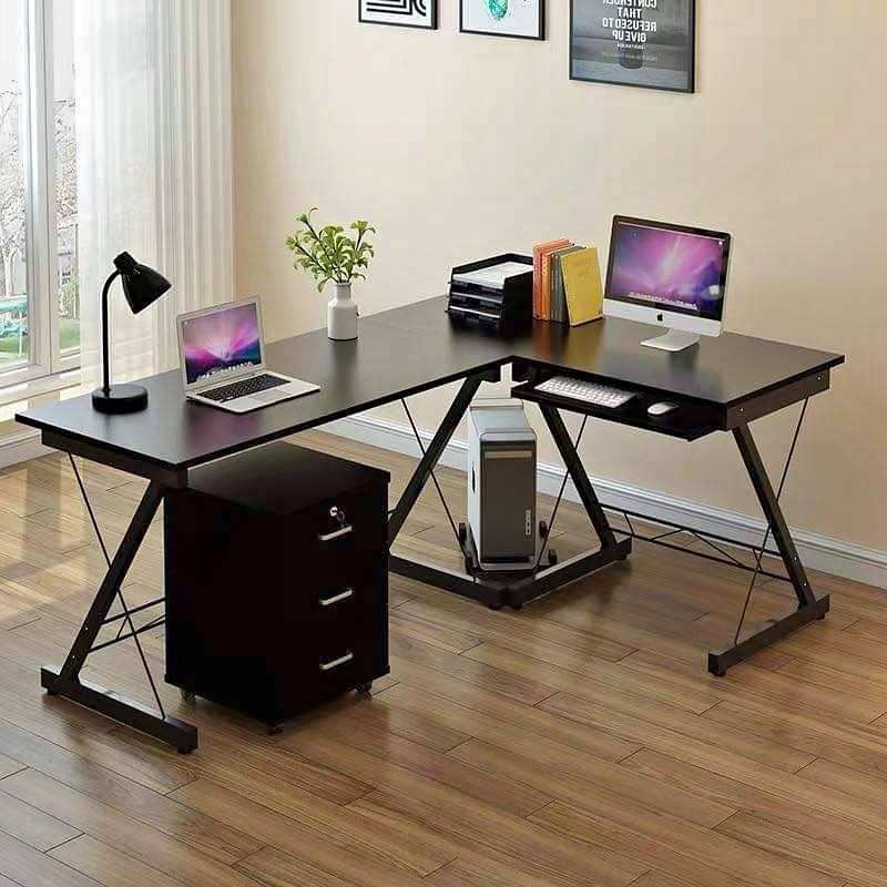 Walnut Black L Shaped Office Table With Keyboard Holder And Cpu