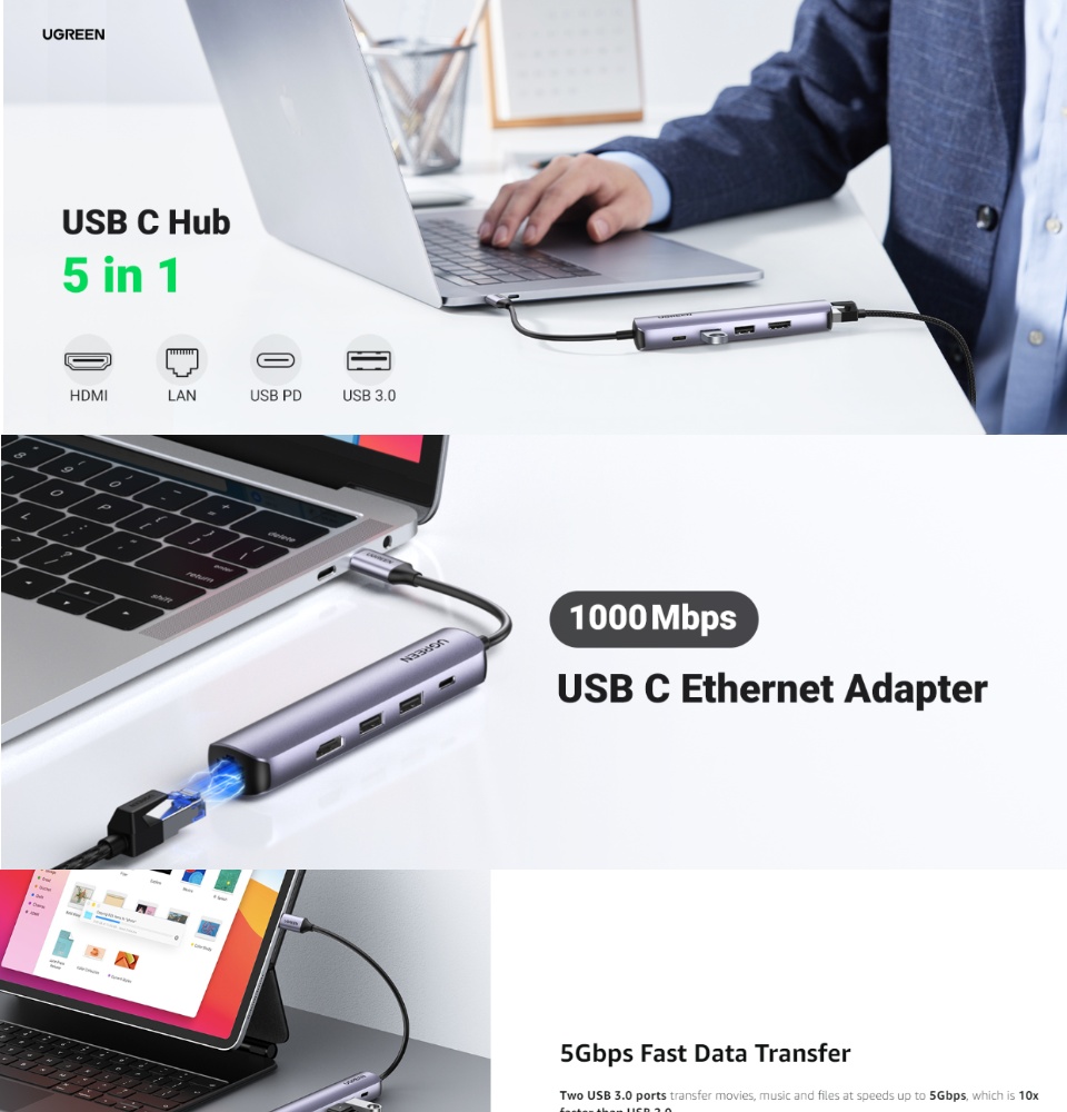 UGREEN USB C Hub 60Hz, 5-in-1 Gigabit USB C to Ethernet Adapter with 4K  HDMI, 100W Power Delivery, 2 USB 3.0, Compatible with MacBook, iPad Pro,  Dell, HP, Surface, Chromebook Mac Mini