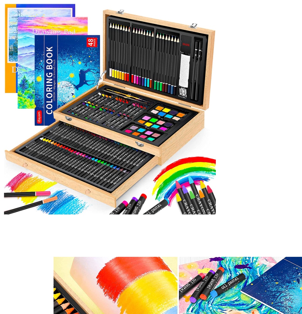 iBayam Art Supplies, 150-Pack Deluxe Wooden Art Set Crafts Drawing Painting  Kit with 1 Coloring Book, 2 Sketch Pads, Creative Gift Box for Adults Artist  Beginne… [Video] [Video]