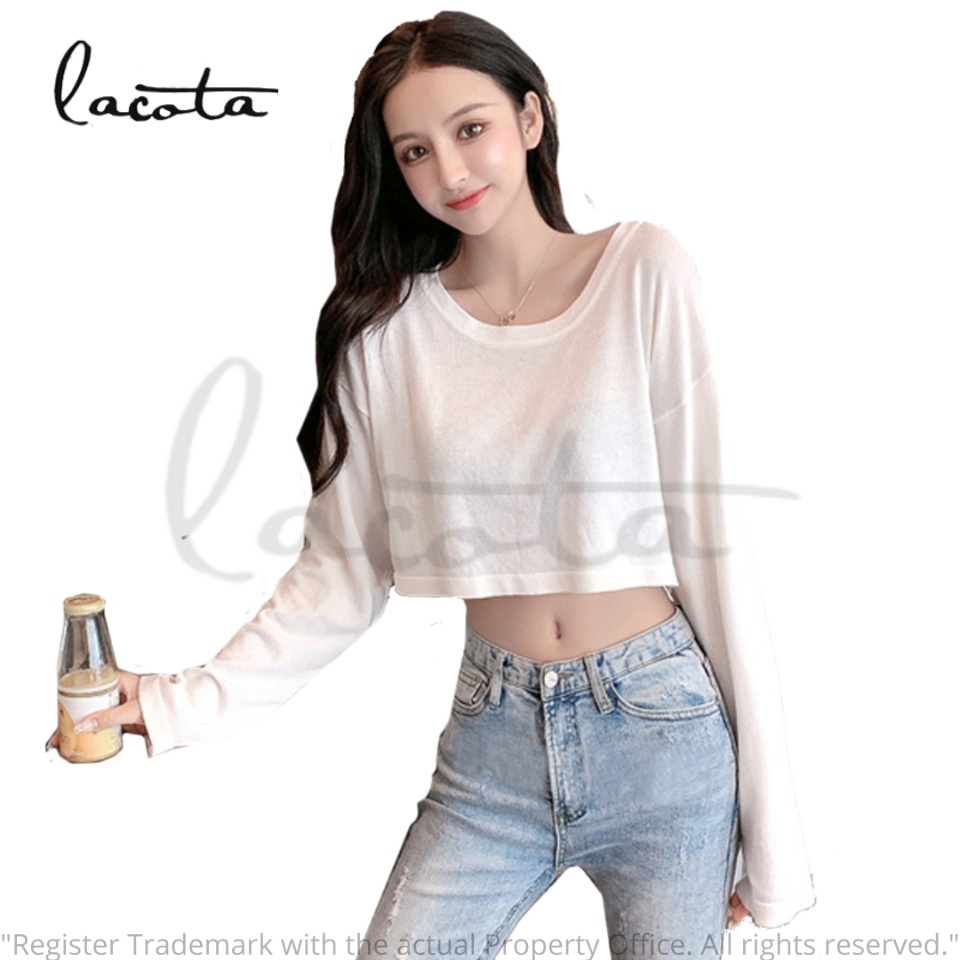 LACOTA Korean Style Hanging Loose Long Sleeve Crop-top Plain Round Neck Crop -top For Women On Sale