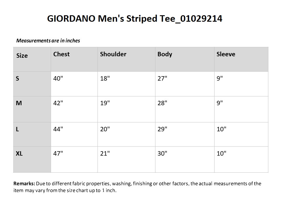 Giordano Size Chart