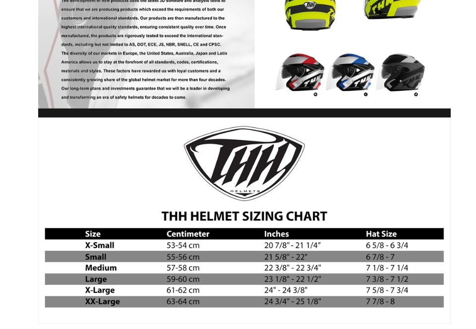 Thh Helmets Size Chart