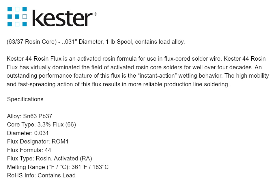 Solder - Kester 63 / 37, 1 lb spool, 0.031 diameter