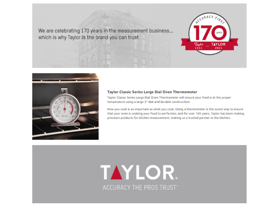 Taylor 5932 Oven Thermometer, 100 to 600 deg F, Analog Di