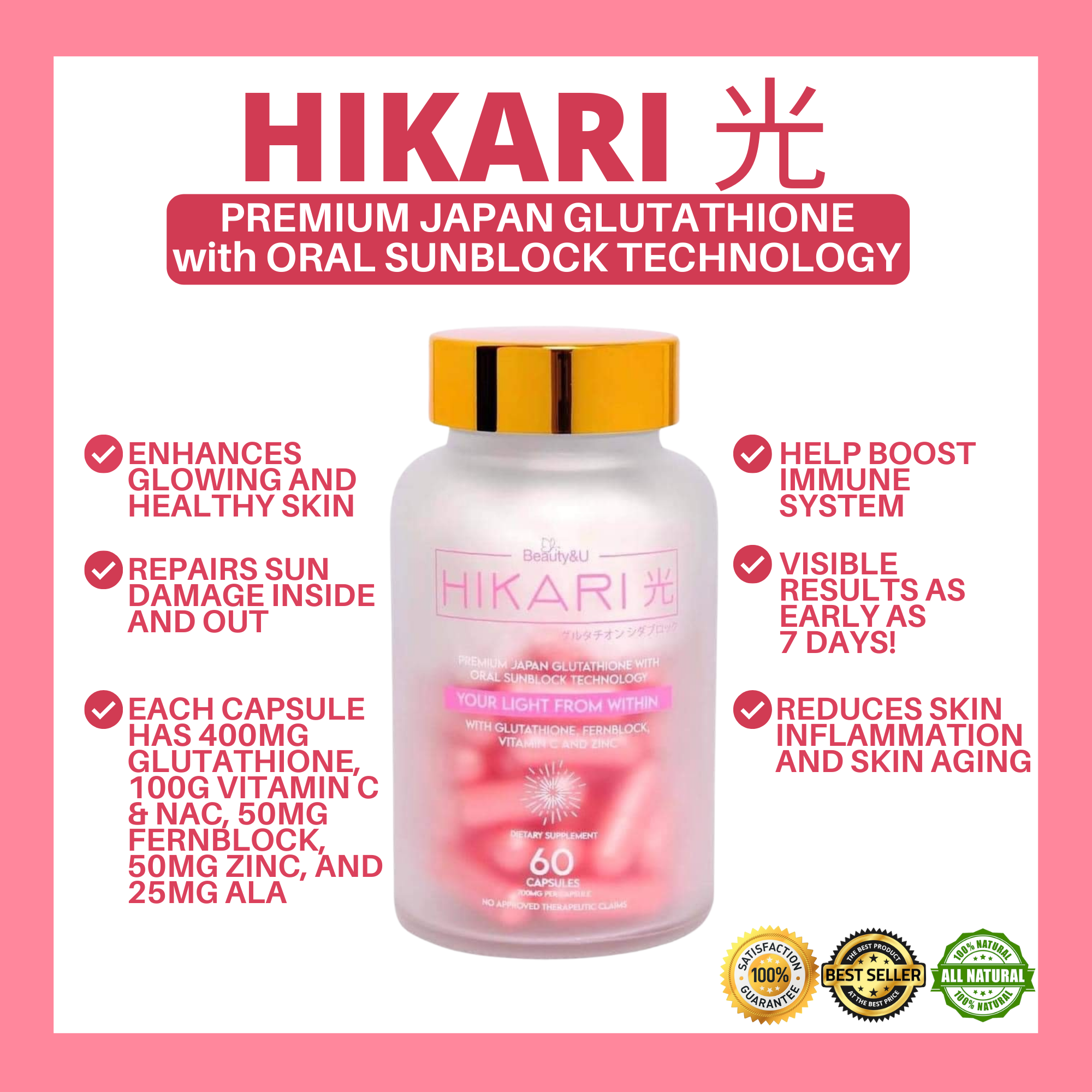 Glam Essentials [CERTIFIED AUTHENTIC] [VERY EFFECTIVE] Hikari Gluta Japan - 60 Capsules (Glutathione, Collagen, Vitamin C, Vitamin E, etc) Skin Whitening Capsule [60 CAPS]