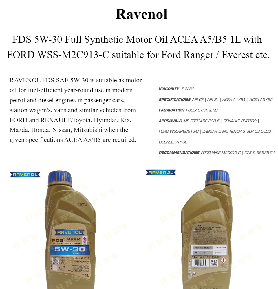 RAVENOL FO 5W30 Synthetic Oil - API SL CF Ford WSS-M2C913-D Engine Oil 1L