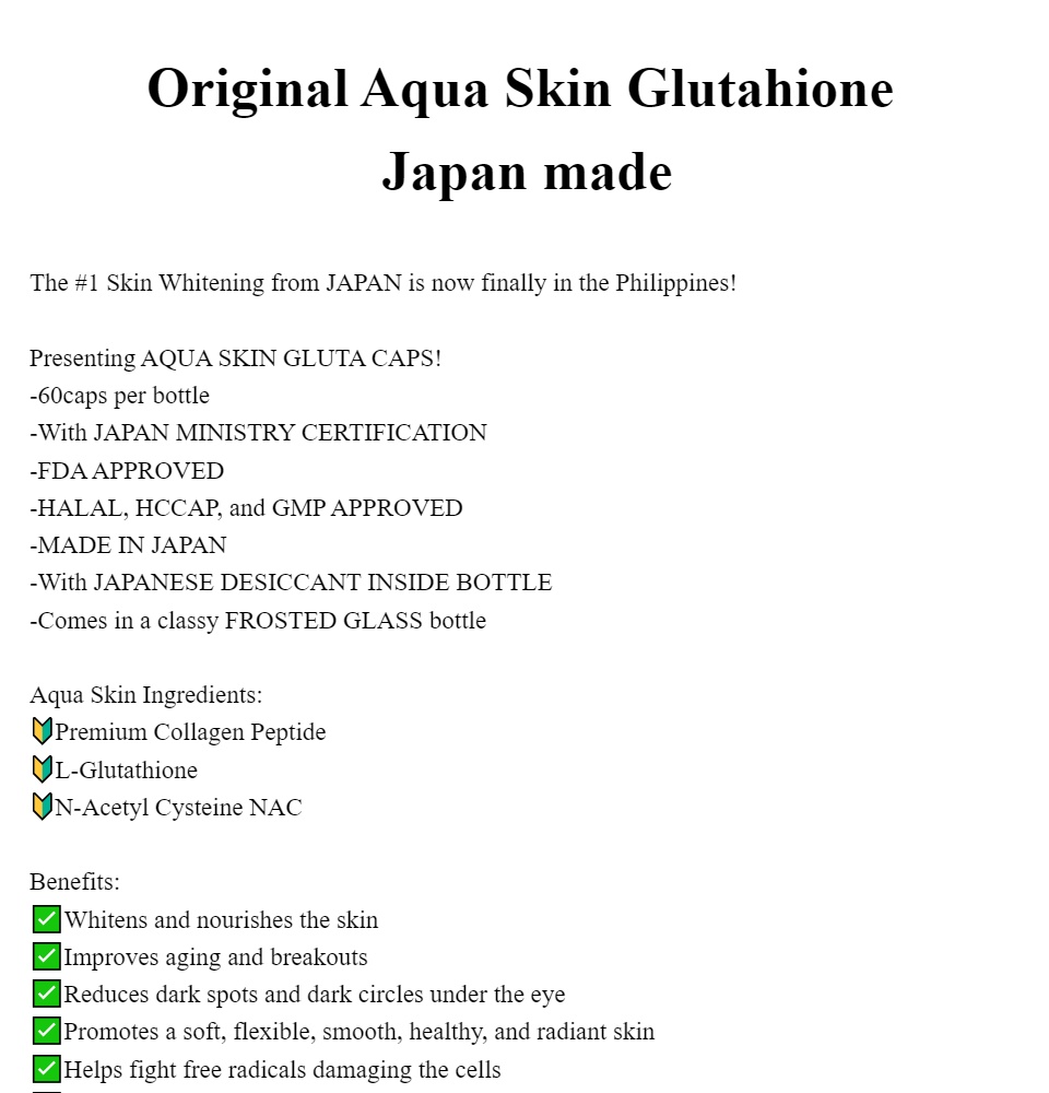Original Aqua Skin Glutathione Japan made 60 capsules