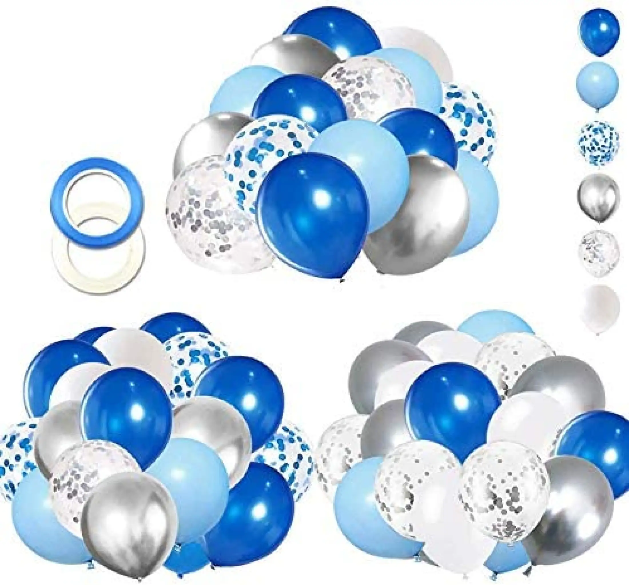 Kiena 62 Pack Blue Silver White Confetti Balloons Kit 12 Inch White Royal Blue Balloons Metallic Silver Balloons Blue Sliver Confetti Balloons And 64ft Ballloon Ribbon For Boy Birthday Decorations Baby Shower