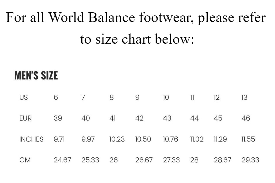 world balance size chart in cm