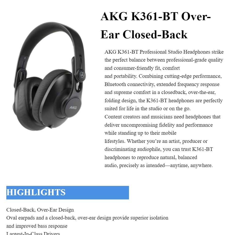 AKG Pro Audio K361BT Bluetooth Over-Ear, Closed-Back, Foldable