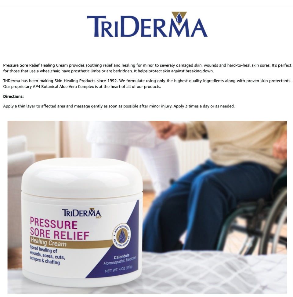 TriDerma Pressure Sore Relief Healing Cream for Wounds & Sores, 4 Ounce Jar  818926010283
