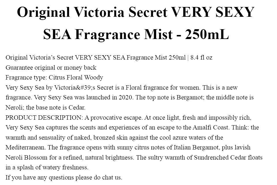 Original Victoria Secret VERY SEXY SEA Fragrance Mist - 250mL Victoria's  Secret Original Perfume
