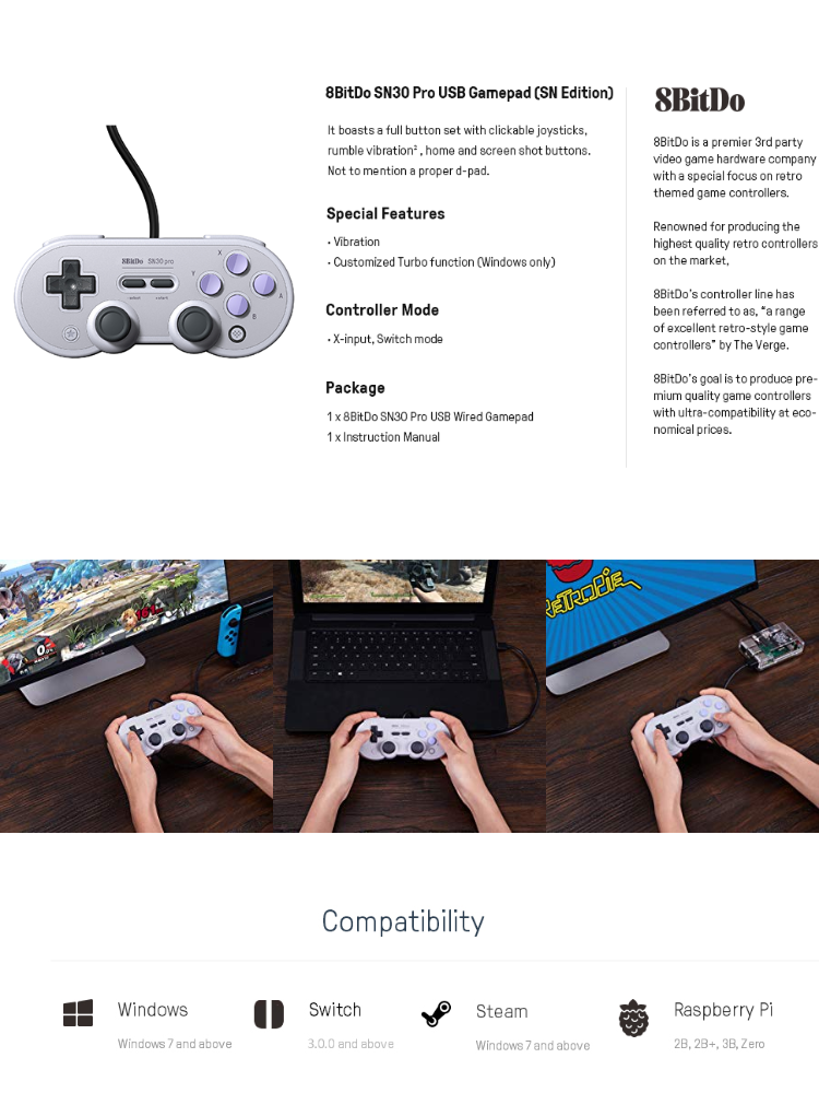 8bitdo Sn30 Pro Wired Controller With Classic Joystick Gamepad For Pc Android Windows Macos Steam And Nintendo Switch Tech Smart Philippines