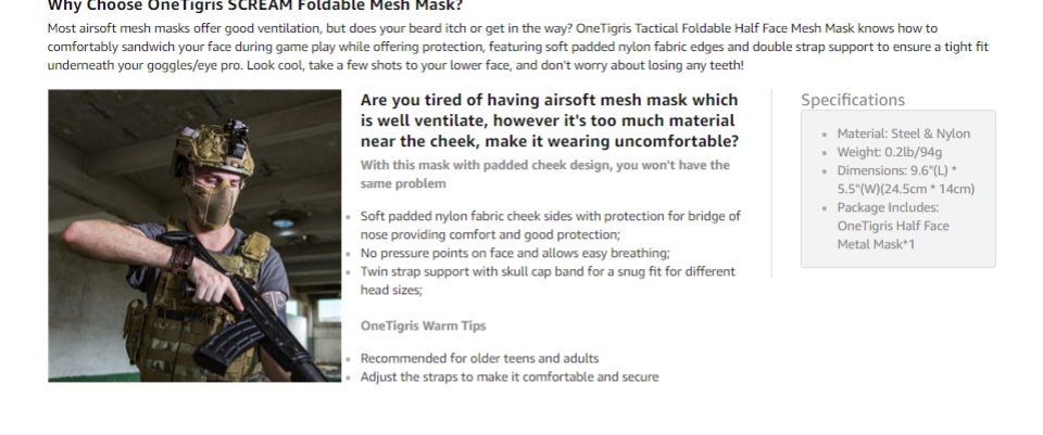 OneTigris 6 Foldable Half Face Mesh Mask Military Style