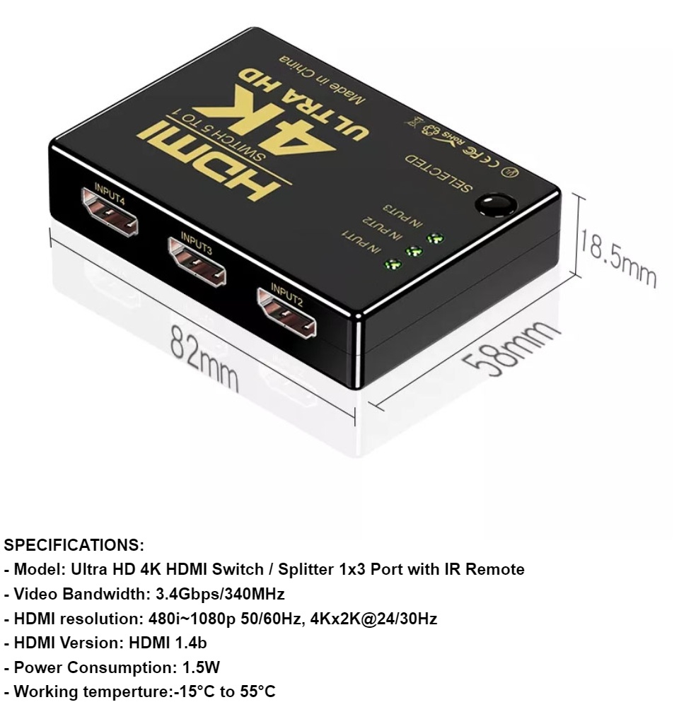 PHONEBOX Ultra HD 4K HDMI Switch Splitter 1x3 Port with IR