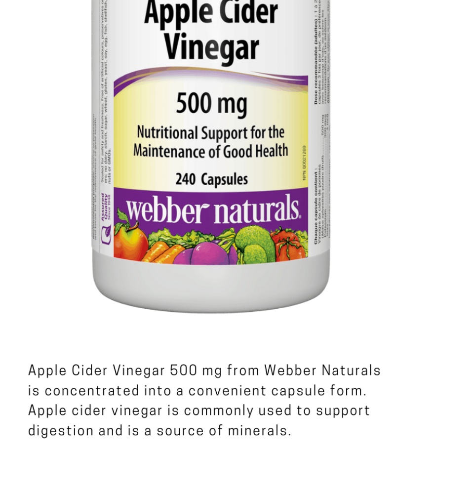 Webber Naturals vinaigre de cidre de pommes 500 mg 240 capsules