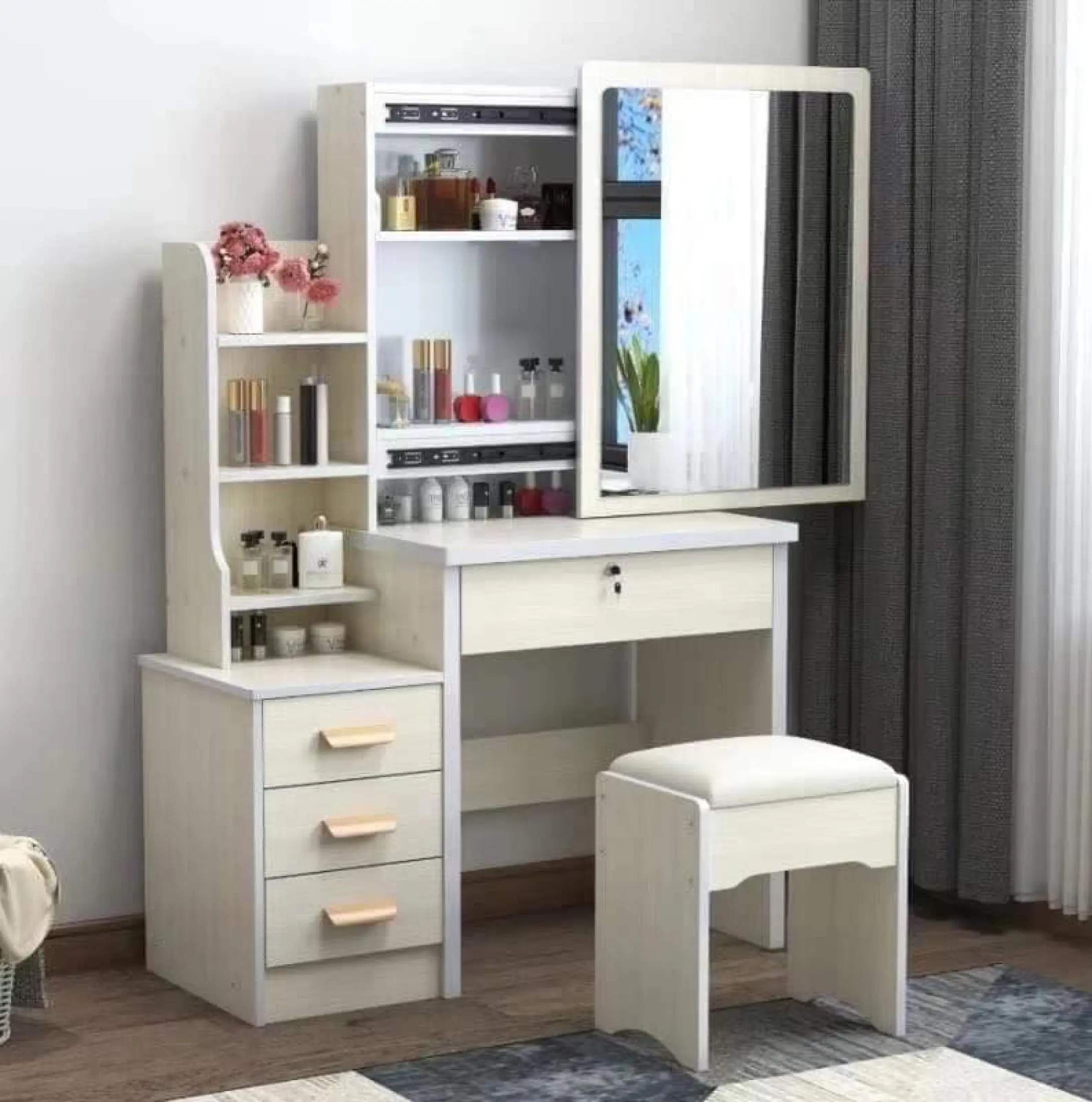 Modern Minimalist Dresser with Five Drawers with Vanity lamp Bedroom Dresser,White a Mirror with Sliding Dressing Table and stools 