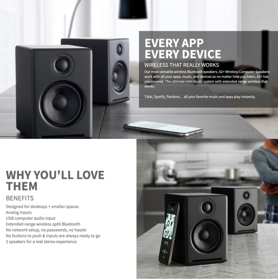 Audioengine A2  Plus Wireless Speaker Bluetooth Desktop Monitor Speakers Home Music System aptX Bluetooth, 60W Powered Bookshelf Stere(並行輸入品)