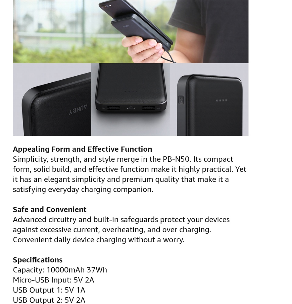 AUKEY PB-N50 10000mAh Power Bank , Portable Charger Slimline Design