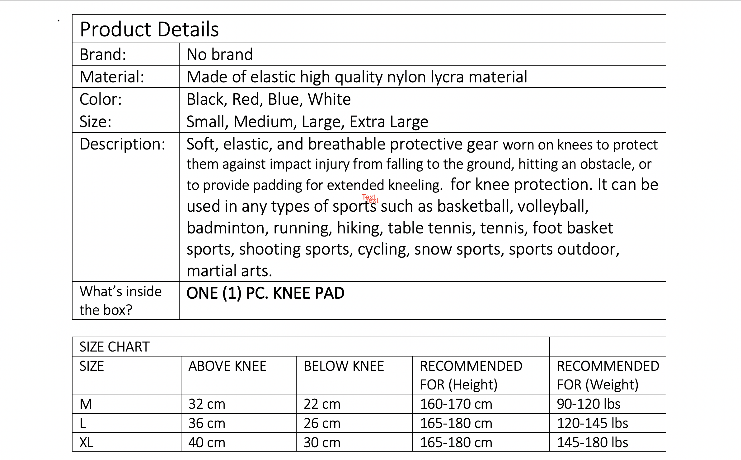 Volleyball Knee Pads Size Chart