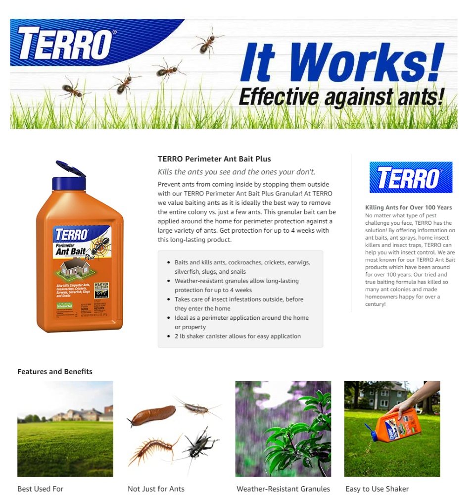  TERRO T2600 Perimeter Ant Bait Plus - Outdoor Ant Bait and  Killer - Attracts and Kills Ants, Carpenter Ants, Roaches, Crickets,  Earwigs, Silverfish, Slugs and Snails - 2Lbs : Ant