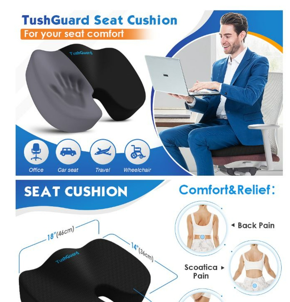 TushGuard Seat Cushion for Office Chair Memory Foam Non-Slip Desk