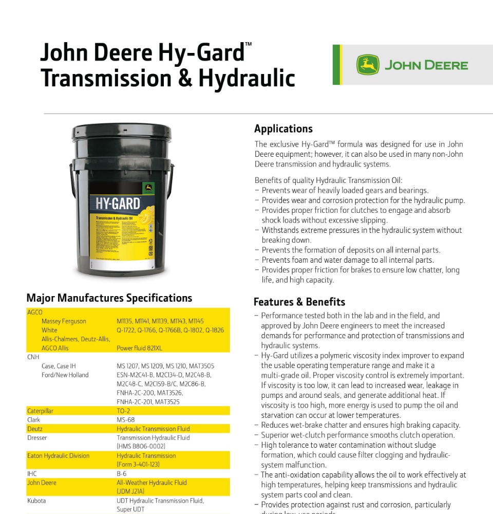 John Deere Hy-Gard Transmission and Hydraulic Oil 20 Liters