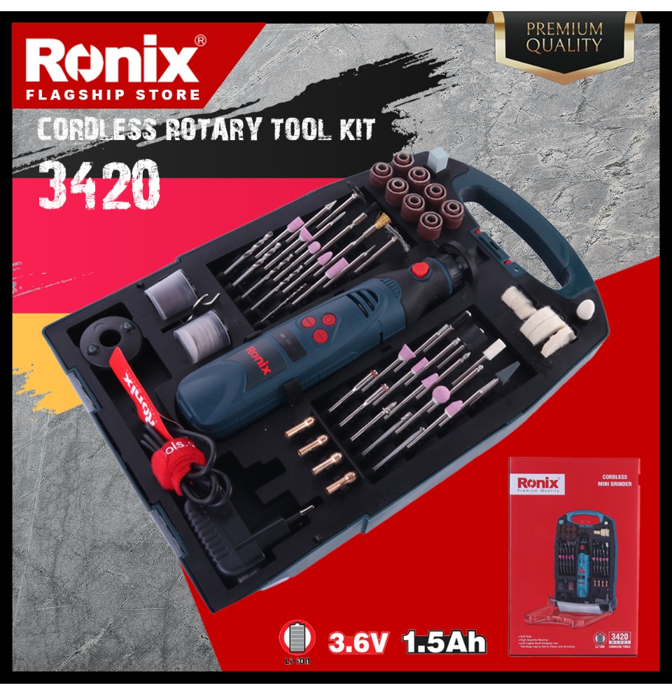 Ronix 3420, 3.6V, 1.5AH Cordless Rotary Tool Kit