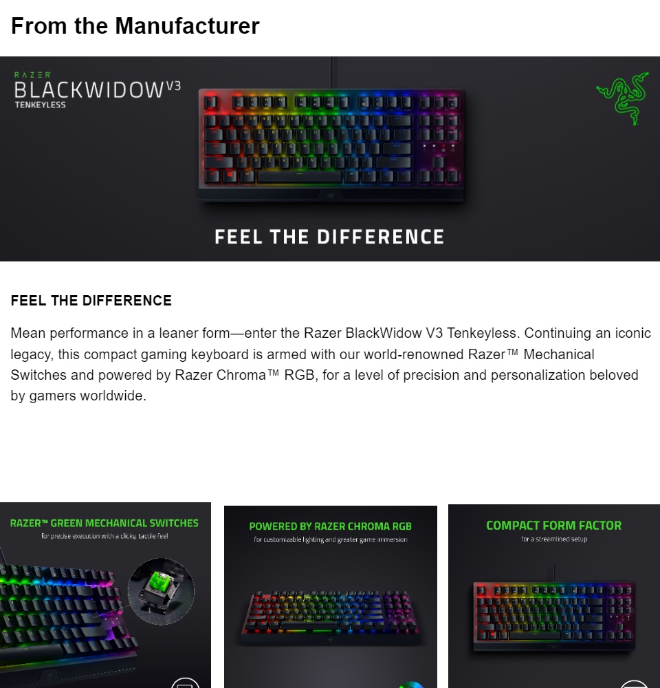 Razer BlackWidow V3 Tenkeyless TKL Mechanical Gaming Keyboard: Green  Mechanical Switches - Tactile & Clicky - Chroma RGB Lighting - Compact Form