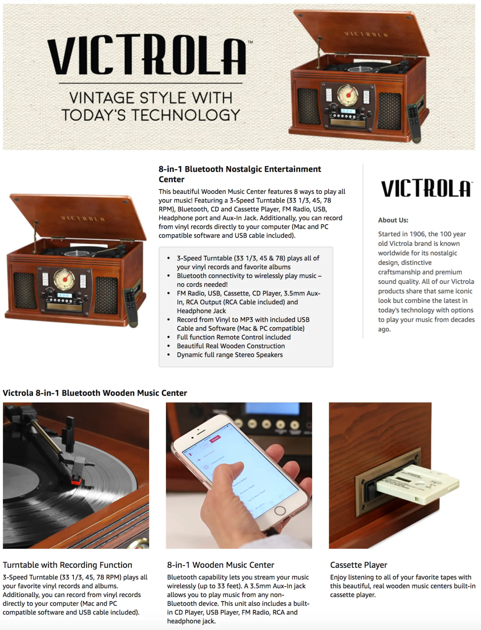 Victrola 8 In 1 Bluetooth Record Player Multimedia Center Built In Stereo Speakers Turntable Vinyl To Mp3 Recording Wireless Music Streaming Mahogany 110 V Lazada Ph