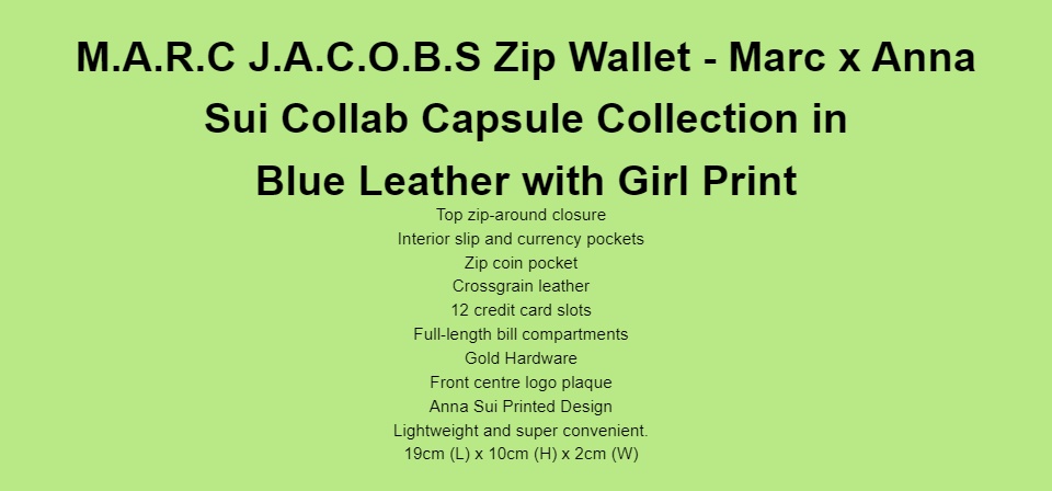 M A R C J A C O B S Zip Wallet Marc X Anna Sui Collab Capsule Collection In Blue Leather With Girl Print Lazada Ph