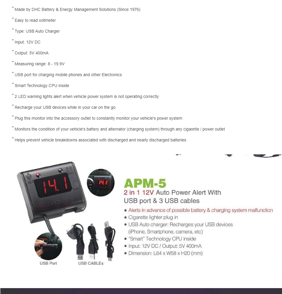 DHC APM 5 2 in 1 Auto Power Alert Voltmeter and USB Auto Charger