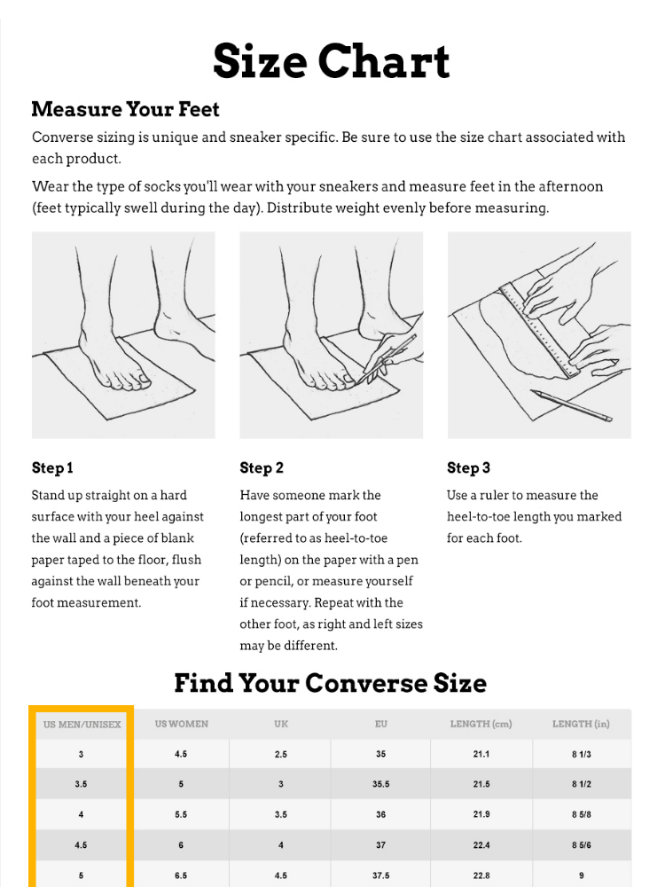 unisex converse size guide