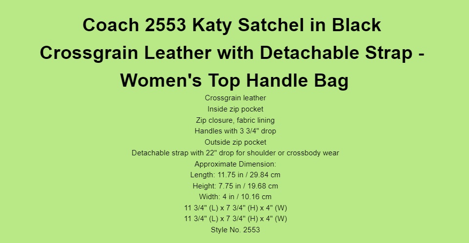 Coach 2553 Katy Satchel in Black Crossgrain Leather with Detachable Strap -  Women's Top Handle Bag