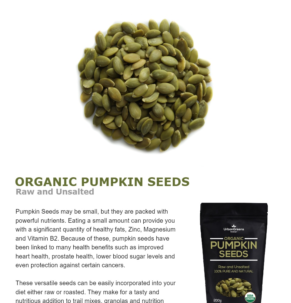 Organic Pumpkin Seeds, 200 grams, Raw and Unsalted, No Additives