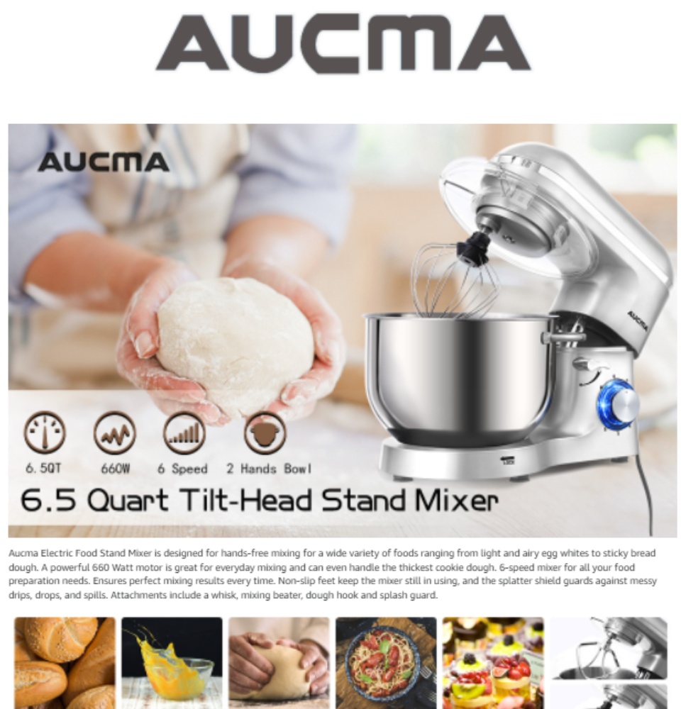 Aucma Kitchen Electric Stand Mixer 6.5QT 6+P Speed Tilt Head with