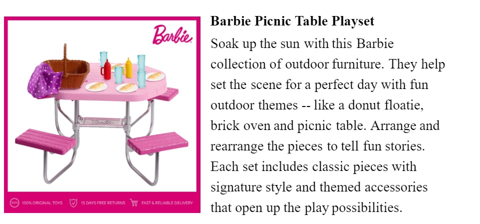barbie picnic table playset