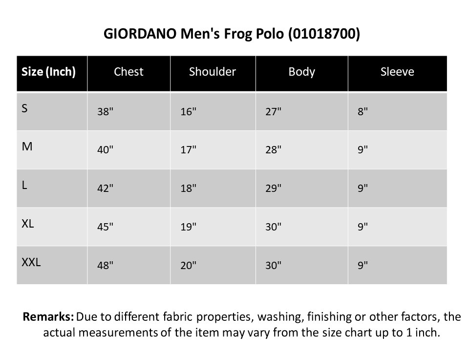 Giordano Polo Shirt Size Chart