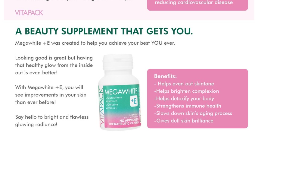 vitapack megawhite glutathione VITAPACK Megawhite Plus E Gluta Glutathione L-Cysteine Vitamin C All-in-One  Whitening Capsule with Tocotrienol Vitamin E for Glowing Skin 30caps  Tocotrienol Antioxidant Skin Capsules - Lazada