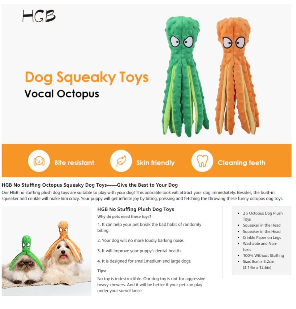 HGB Squeaky Dog Toys, No Stuffing Crinkle Plush Dog Chew Toys for