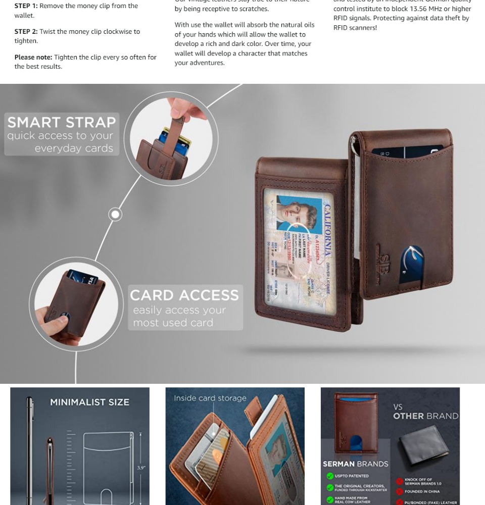 Serman Brands RFID Blocking Bifold Slim Genuine Leather Minimalist Front Pocket Wallets for Men Money Clip Midnight Black