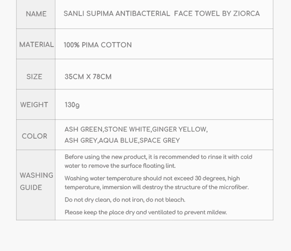 Ziorca Supima Antibacterial Face Towel 35 x 75cm 130g 100% Pima Cotton – ZI  ORCA