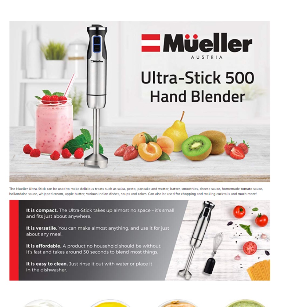 Mueller Austria Ultra-Stick 500 Watt 9-Speed Immersion Multi-Purpose Hand  Blender Heavy Duty Copper Motor Brushed Stainless Steel Finish With Whisk,  Milk Frothe…
