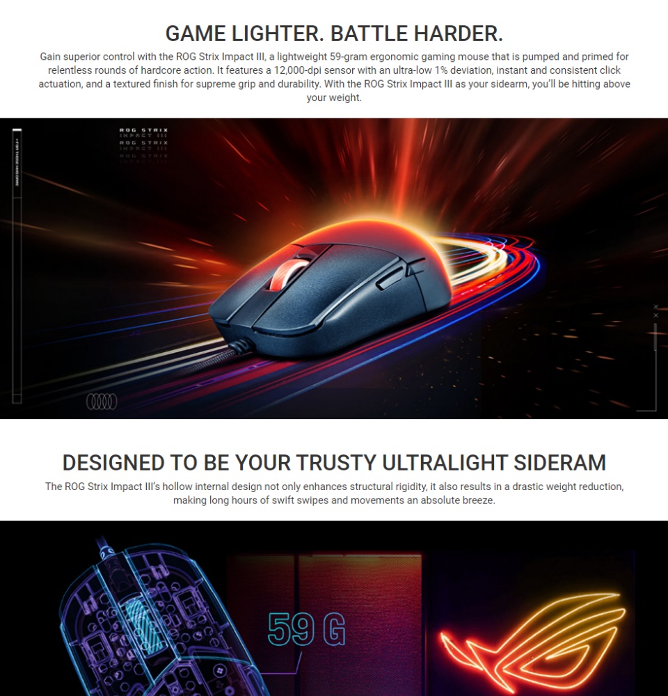 Asus ROG Strix Impact III Gaming Mouse, Semi-Ambidextrous, Wired