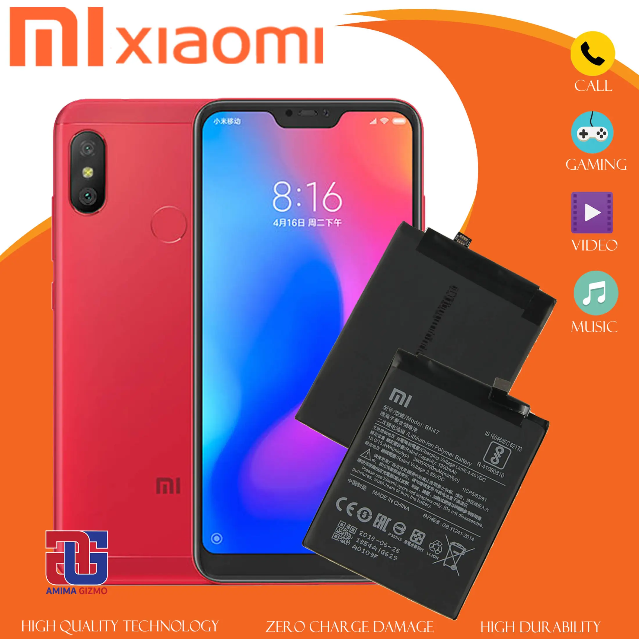 Xiaomi Redmi 6 Pro Mi A2 Lite Battery Model Bn47 Amima Gizmo Lithium Ion High Quality And Capacity Replacement Same Size As Original Battery Of Authentic Smartphone Support Fast Charger Long Lasting