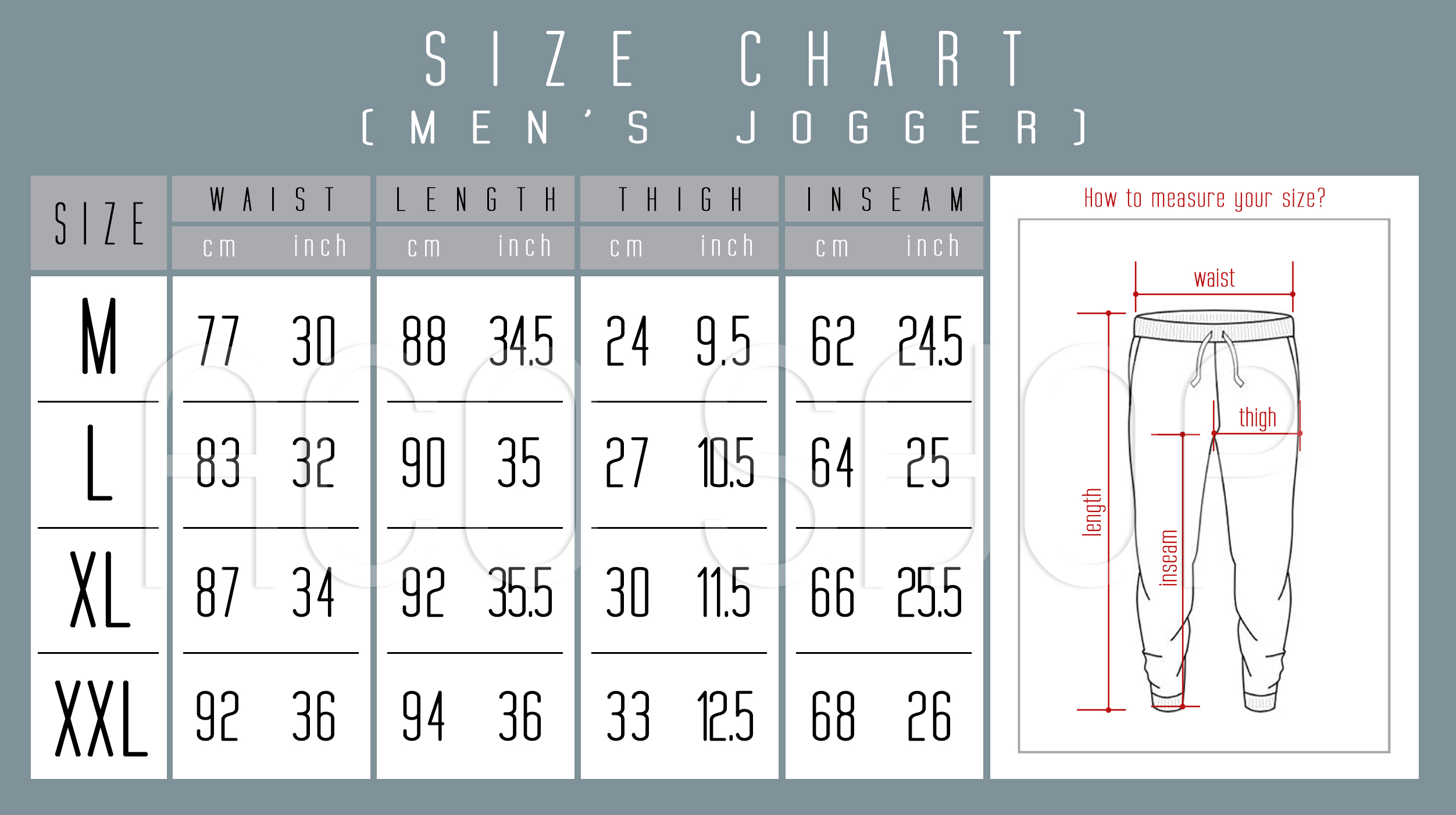 Size Chart For Mens Joggers